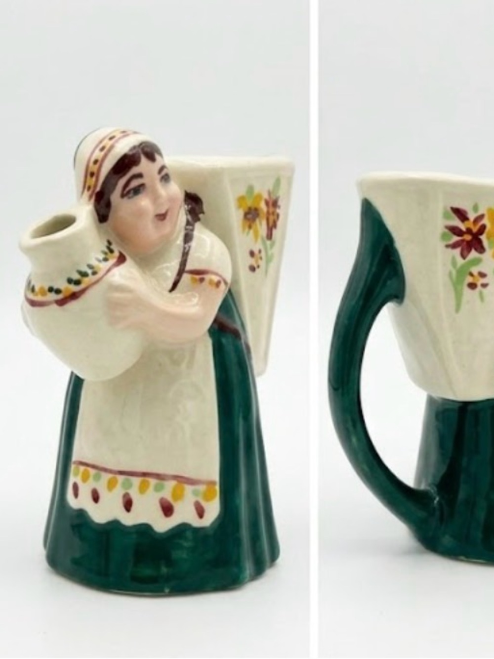 Decorative Ceramic Pitcher Mug in Cream and Dark Green